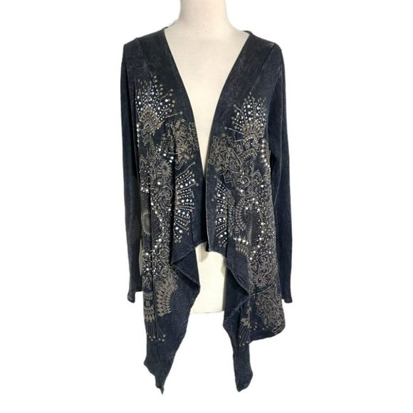 COPY - Vocal USA L distressed beaded black open draped cardigan with sheer arts… - Picture 1 of 8